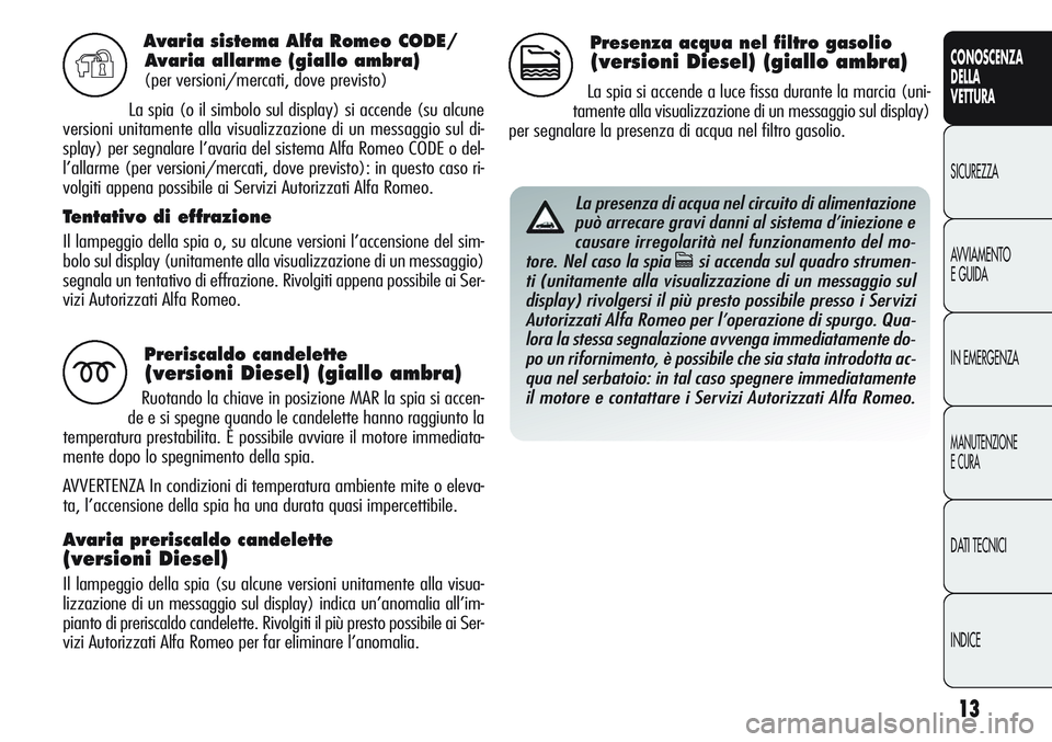 Alfa Romeo Giulietta 2012 Libretto Uso Manutenzione (in Italian) 13
CONOSCENZA
DELLA
VETTURA
SICUREZZA
AVVIAMENTO
E GUIDA
IN EMERGENZA
MANUTENZIONE
E CURA
DATI TECNICI
INDICE
Avaria sistema Alfa Romeo CODE/
Avaria allarme (giallo ambra)
(per versioni/mercati, dove Alfa Romeo Giulietta 2012 Libretto Uso Manutenzione (in Italian) 13
CONOSCENZA
DELLA
VETTURA
SICUREZZA
AVVIAMENTO
E GUIDA
IN EMERGENZA
MANUTENZIONE
E CURA
DATI TECNICI
INDICE
Avaria sistema Alfa Romeo CODE/
Avaria allarme (giallo ambra)
(per versioni/mercati, dove