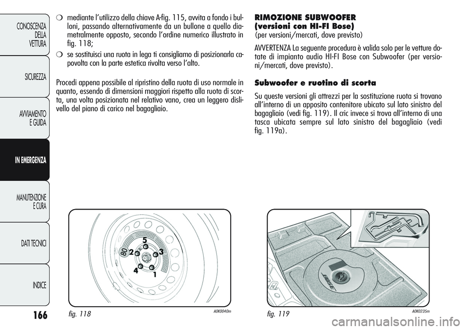 Alfa Romeo Giulietta 2012 Libretto Uso Manutenzione (in Italian) 166
CONOSCENZA
DELLA
VETTURA
SICUREZZA
AVVIAMENTO
E GUIDA
IN EMERGENZA
MANUTENZIONE
E CURA
DATI TECNICI
INDICE
fig. 118A0K0040mfig. 119A0K0235m
❍mediante l’utilizzo della chiave A-fig. 115, avvita Alfa Romeo Giulietta 2012 Libretto Uso Manutenzione (in Italian) 166
CONOSCENZA
DELLA
VETTURA
SICUREZZA
AVVIAMENTO
E GUIDA
IN EMERGENZA
MANUTENZIONE
E CURA
DATI TECNICI
INDICE
fig. 118A0K0040mfig. 119A0K0235m
❍mediante l’utilizzo della chiave A-fig. 115, avvita