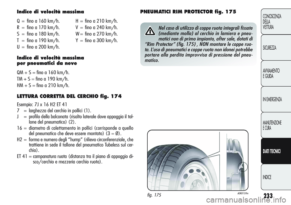 Alfa Romeo Giulietta 2012 Libretto Uso Manutenzione (in Italian) 233
CONOSCENZA
DELLA
VETTURA
SICUREZZA
AVVIAMENTO
E GUIDA
IN EMERGENZA
MANUTENZIONE
E CURA
DATI TECNICI
INDICE
Indice di velocità massima
Q = fino a 160 km/h. H = fino a 210 km/h.
R = fino a 170 km/h Alfa Romeo Giulietta 2012 Libretto Uso Manutenzione (in Italian) 233
CONOSCENZA
DELLA
VETTURA
SICUREZZA
AVVIAMENTO
E GUIDA
IN EMERGENZA
MANUTENZIONE
E CURA
DATI TECNICI
INDICE
Indice di velocità massima
Q = fino a 160 km/h. H = fino a 210 km/h.
R = fino a 170 km/h