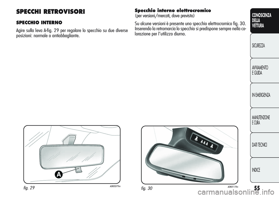 Alfa Romeo Giulietta 2012  Libretto Uso Manutenzione (in Italian) 55
CONOSCENZA
DELLA
VETTURA
SICUREZZA
AVVIAMENTO
E GUIDA
IN EMERGENZA
MANUTENZIONE
E CURA
DATI TECNICI
INDICE
fig. 29A0K0079m
SPECCHI RETROVISORI
SPECCHIO INTERNO
Agire sulla leva A-fig. 29 per regola
