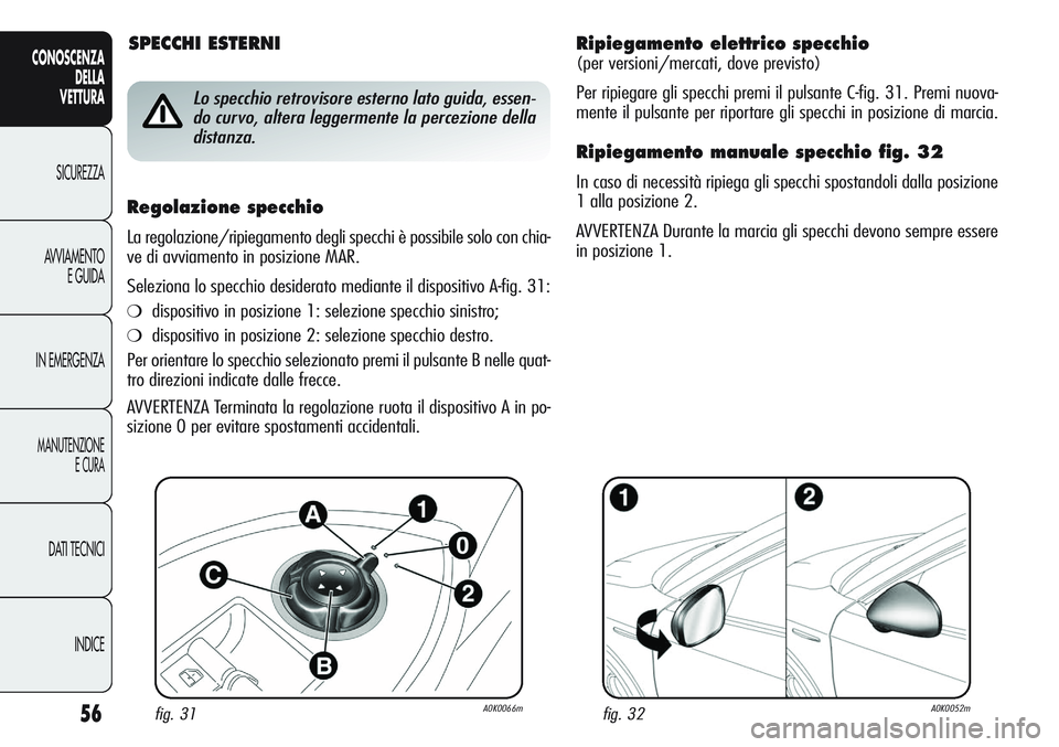 Alfa Romeo Giulietta 2012 Libretto Uso Manutenzione (in Italian) 56
CONOSCENZA
DELLA
VETTURA
SICUREZZA
AVVIAMENTO
E GUIDA
IN EMERGENZA
MANUTENZIONE
E CURA
DATI TECNICI
INDICE
Ripiegamento elettrico specchio
(per versioni/mercati, dove previsto)
Per ripiegare gli sp Alfa Romeo Giulietta 2012 Libretto Uso Manutenzione (in Italian) 56
CONOSCENZA
DELLA
VETTURA
SICUREZZA
AVVIAMENTO
E GUIDA
IN EMERGENZA
MANUTENZIONE
E CURA
DATI TECNICI
INDICE
Ripiegamento elettrico specchio
(per versioni/mercati, dove previsto)
Per ripiegare gli sp