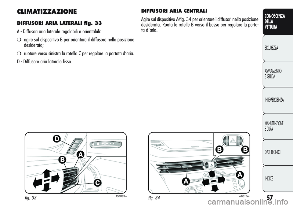Alfa Romeo Giulietta 2012  Libretto Uso Manutenzione (in Italian) 57
CONOSCENZA
DELLA
VETTURA
SICUREZZA
AVVIAMENTO
E GUIDA
IN EMERGENZA
MANUTENZIONE
E CURA
DATI TECNICI
INDICE
CLIMATIZZAZIONE
DIFFUSORI ARIA LATERALI fig. 33
A - Diffusori aria laterale regolabili e o