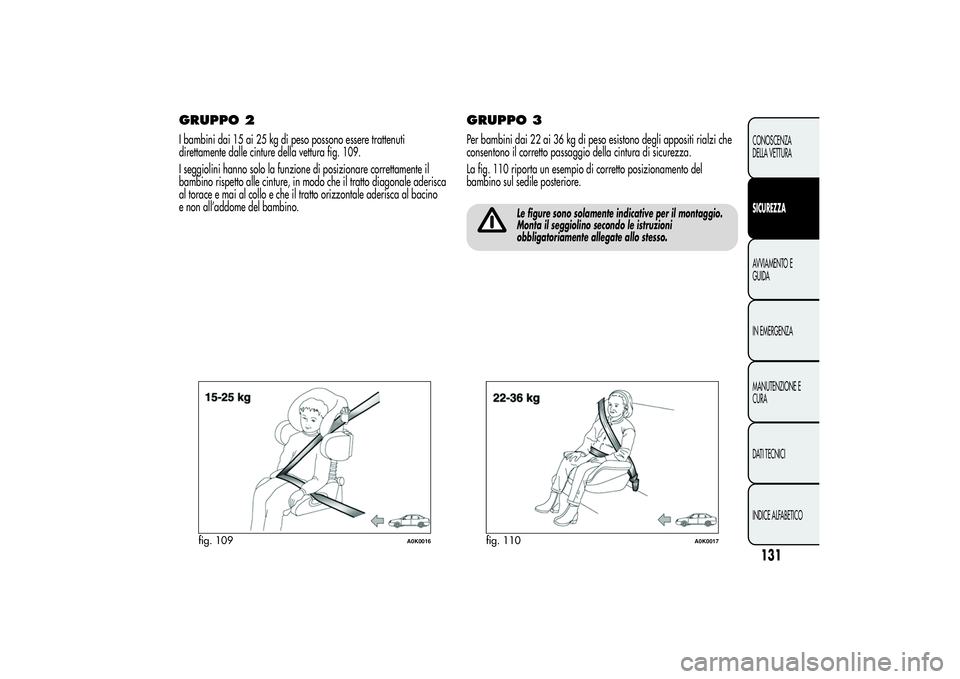 Alfa Romeo Giulietta 2013  Libretto Uso Manutenzione (in Italian) GRUPPO 2I bambini dai 15 ai 25 kg di peso possono essere trattenuti
direttamente dalle cinture della vettura fig. 109.
I seggiolini hanno solo la funzione di posizionare correttamente il
bambino rispe