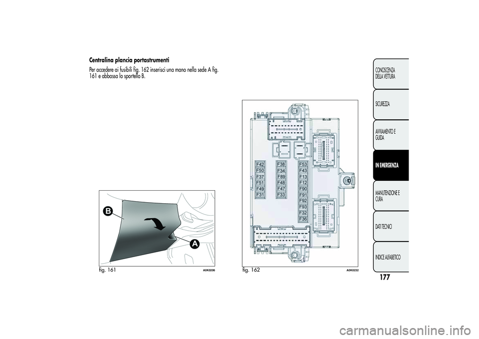 Alfa Romeo Giulietta 2013  Libretto Uso Manutenzione (in Italian) Centralina plancia portastrumenti
Per accedere ai fusibili fig. 162 inserisci una mano nella sede A fig.
161 e abbassa lo sportello B.
fig. 161
A0K0206
fig. 162
A0K0232
177CONOSCENZA
DELLA VETTURA
SIC