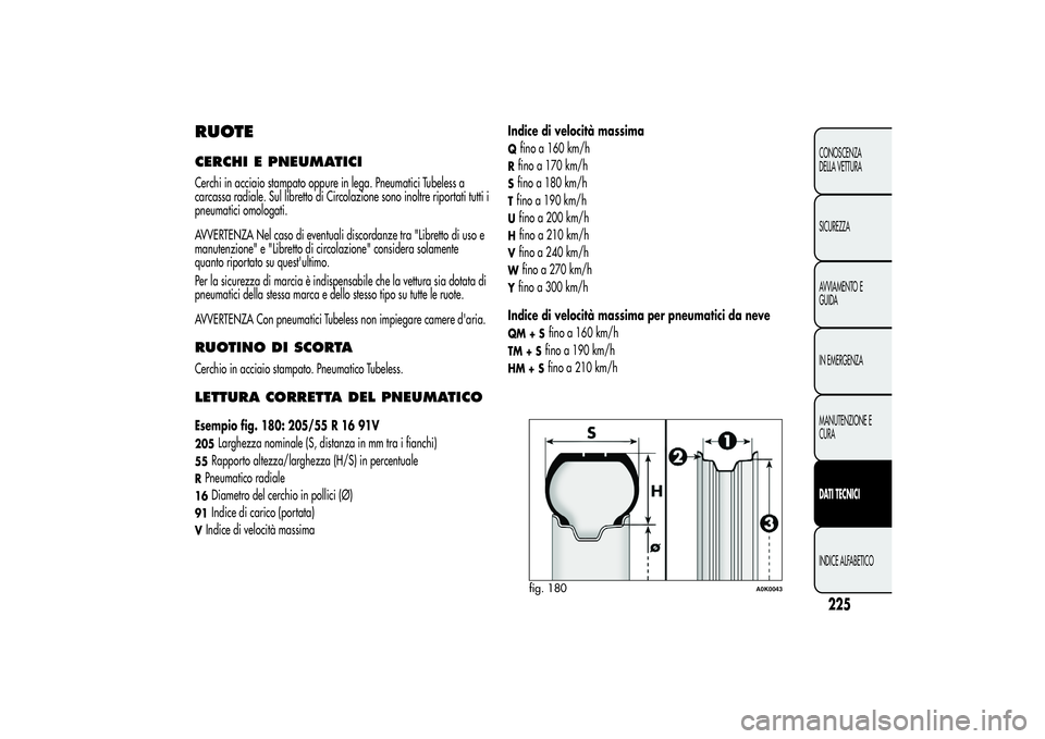 Alfa Romeo Giulietta 2013 Libretto Uso Manutenzione (in Italian) RUOTECERCHI E PNEUMATICICerchi in acciaio stampato oppure in lega. Pneumatici Tubeless a
carcassa radiale. Sul libretto di Circolazione sono inoltre riportati tutti i
pneumatici omologati.
AVVERTENZA Alfa Romeo Giulietta 2013 Libretto Uso Manutenzione (in Italian) RUOTECERCHI E PNEUMATICICerchi in acciaio stampato oppure in lega. Pneumatici Tubeless a
carcassa radiale. Sul libretto di Circolazione sono inoltre riportati tutti i
pneumatici omologati.
AVVERTENZA