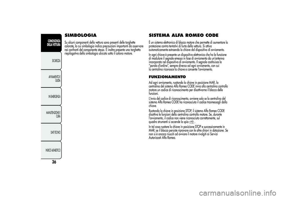 Alfa Romeo Giulietta 2013 Libretto Uso Manutenzione (in Italian) SIMBOLOGIASu alcuni componenti della vettura sono presenti delle targhette
colorate, la cui simbologia indica precauzioni importanti da osservare
nei confronti del componente stesso. È inoltre presen Alfa Romeo Giulietta 2013 Libretto Uso Manutenzione (in Italian) SIMBOLOGIASu alcuni componenti della vettura sono presenti delle targhette
colorate, la cui simbologia indica precauzioni importanti da osservare
nei confronti del componente stesso. È inoltre presen