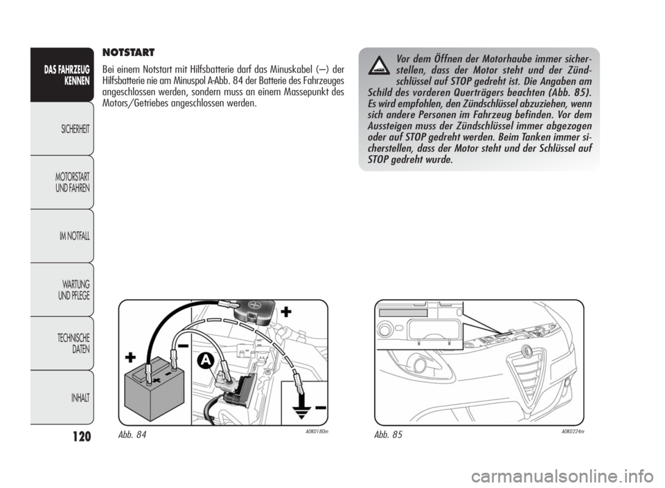 Alfa Romeo Giulietta 2010  Betriebsanleitung (in German) 120
DAS FAHRZEUG
KENNEN
SICHERHEIT
MOTORSTART
UND FAHREN
IM NOTFALL
WARTUNG
UND PFLEGE
TECHNISCHE
DATEN
INHALT
NOTSTART
Bei einem Notstart mit Hilfsbatterie darf das Minuskabel (–) der
Hilfsbatterie