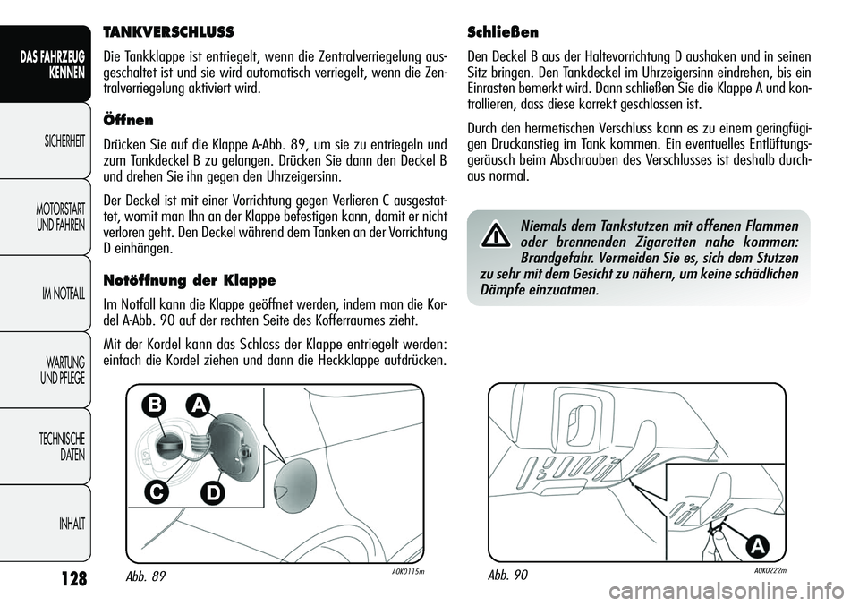 Alfa Romeo Giulietta 2012 Betriebsanleitung (in German) 128
DAS FAHRZEUG
KENNEN
SICHERHEIT
MOTORSTART
UND FAHREN
IM NOTFALL
WARTUNG
UND PFLEGE
TECHNISCHE
DATEN
INHALT
Abb. 89A0K0115mAbb. 90A0K0222m
TANKVERSCHLUSS
Die Tankklappe ist entriegelt, wenn die Z Alfa Romeo Giulietta 2012 Betriebsanleitung (in German) 128
DAS FAHRZEUG
KENNEN
SICHERHEIT
MOTORSTART
UND FAHREN
IM NOTFALL
WARTUNG
UND PFLEGE
TECHNISCHE
DATEN
INHALT
Abb. 89A0K0115mAbb. 90A0K0222m
TANKVERSCHLUSS
Die Tankklappe ist entriegelt, wenn die Z
