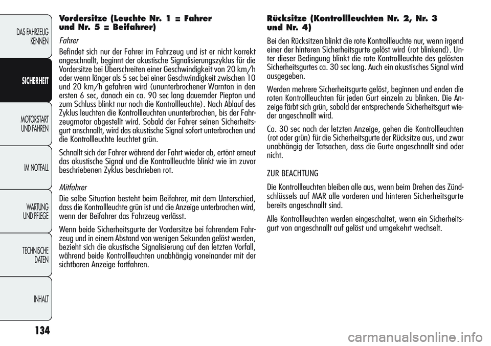 Alfa Romeo Giulietta 2012 Betriebsanleitung (in German) 134
DAS FAHRZEUG
KENNEN
SICHERHEIT
MOTORSTART
UND FAHREN
IM NOTFALL
WA R T U N G
UND PFLEGE
TECHNISCHE
DATEN
INHALT
Vordersitze (Leuchte Nr. 1 = Fahrer
und Nr. 5 = Beifahrer)
Fahrer
Befindet sich Alfa Romeo Giulietta 2012 Betriebsanleitung (in German) 134
DAS FAHRZEUG
KENNEN
SICHERHEIT
MOTORSTART
UND FAHREN
IM NOTFALL
WA R T U N G
UND PFLEGE
TECHNISCHE
DATEN
INHALT
Vordersitze (Leuchte Nr. 1 = Fahrer
und Nr. 5 = Beifahrer)
Fahrer
Befindet sich
