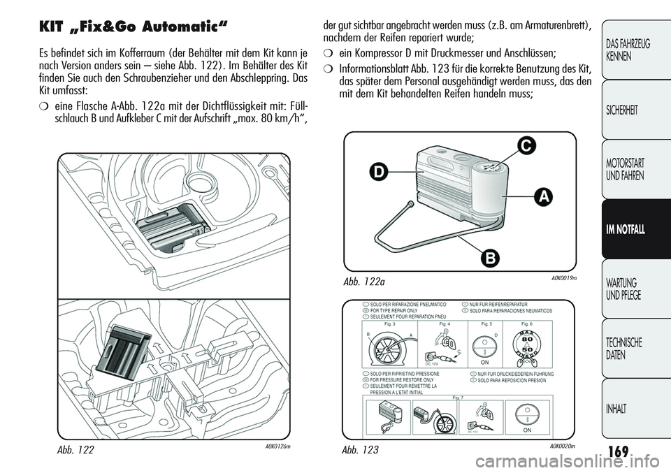 Alfa Romeo Giulietta 2012  Betriebsanleitung (in German) 169
DAS FAHRZEUG
KENNEN
SICHERHEIT
MOTORSTART 
UND FAHREN
IM NOTFALL
WARTUNG 
UND PFLEGE
TECHNISCHE
DATEN
INHALT
KIT „Fix&Go Automatic“
Es befindet sich im Kofferraum (der Behälter mit dem Kit ka