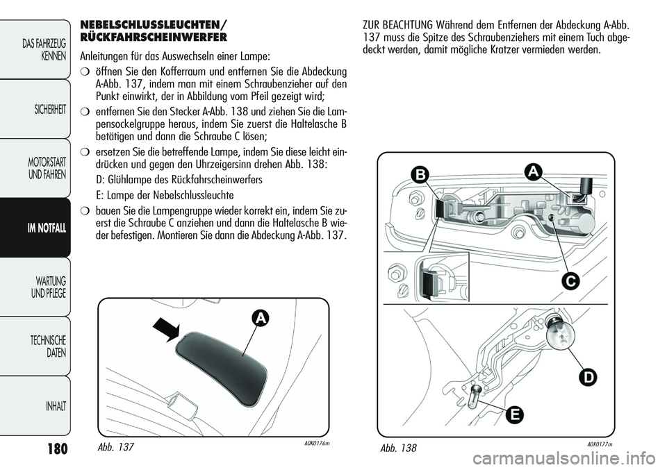 Alfa Romeo Giulietta 2012 Betriebsanleitung (in German) 180
DAS FAHRZEUG
KENNEN
SICHERHEIT
MOTORSTART
UND FAHREN
IM NOTFALL
WA R T U N G
UND PFLEGE
TECHNISCHE
DATEN
INHALT
NEBELSCHLUSSLEUCHTEN/
RÜCKFAHRSCHEINWERFER
Anleitungen für das Auswechseln eine Alfa Romeo Giulietta 2012 Betriebsanleitung (in German) 180
DAS FAHRZEUG
KENNEN
SICHERHEIT
MOTORSTART
UND FAHREN
IM NOTFALL
WA R T U N G
UND PFLEGE
TECHNISCHE
DATEN
INHALT
NEBELSCHLUSSLEUCHTEN/
RÜCKFAHRSCHEINWERFER
Anleitungen für das Auswechseln eine