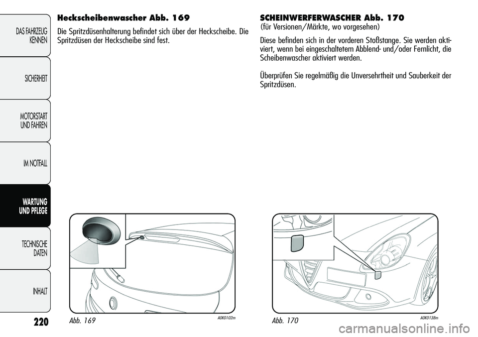 Alfa Romeo Giulietta 2012  Betriebsanleitung (in German) 220
DAS FAHRZEUG
KENNEN
SICHERHEIT
MOTORSTART 
UND FAHREN
IM NOTFALL
WARTUNG 
UND PFLEGE
TECHNISCHE
DATEN
INHALT
SCHEINWERFERWASCHER Abb. 170
(für Versionen/Märkte, wo vorgesehen)
Diese befinden sic