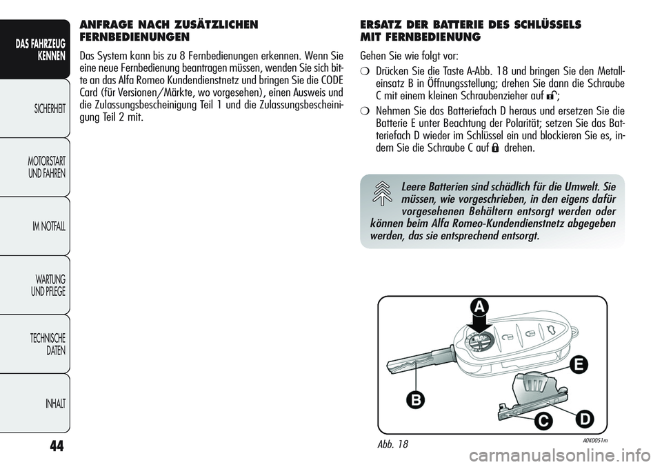 Alfa Romeo Giulietta 2012 Betriebsanleitung (in German) 44
DAS FAHRZEUG
KENNEN
SICHERHEIT
MOTORSTART
UND FAHREN
IM NOTFALL
WA R T U N G
UND PFLEGE
TECHNISCHE
DATEN
INHALT
ANFRAGE NACH ZUSÄTZLICHEN
FERNBEDIENUNGEN
Das System kann bis zu 8 Fernbedienung Alfa Romeo Giulietta 2012 Betriebsanleitung (in German) 44
DAS FAHRZEUG
KENNEN
SICHERHEIT
MOTORSTART
UND FAHREN
IM NOTFALL
WA R T U N G
UND PFLEGE
TECHNISCHE
DATEN
INHALT
ANFRAGE NACH ZUSÄTZLICHEN
FERNBEDIENUNGEN
Das System kann bis zu 8 Fernbedienung