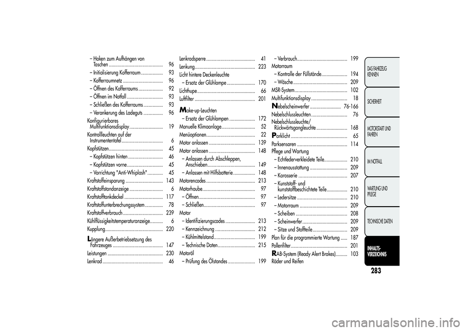 Alfa Romeo Giulietta 2013  Betriebsanleitung (in German) – Haken zum Aufhängen von
Taschen .......................................... 96
– Initialisierung Kofferraum ................. 93
– Kofferraumnetz ............................... 96
– Öffnen
