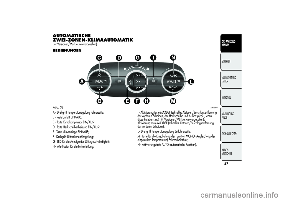 Alfa Romeo Giulietta 2013 Betriebsanleitung (in German) AUTOMATISCHE
ZWEI-ZONEN-KLIMAAUTOMATIK(für Versionen/Märkte, wo vorgesehen)BEDIENUNGENA - Drehgriff Temperaturregelung Fahrerseite;
B - Taste Umluft EIN/AUS;
C - Taste Klimakompressor EIN/AUS;
D - T Alfa Romeo Giulietta 2013 Betriebsanleitung (in German) AUTOMATISCHE
ZWEI-ZONEN-KLIMAAUTOMATIK(für Versionen/Märkte, wo vorgesehen)BEDIENUNGENA - Drehgriff Temperaturregelung Fahrerseite;
B - Taste Umluft EIN/AUS;
C - Taste Klimakompressor EIN/AUS;
D - T