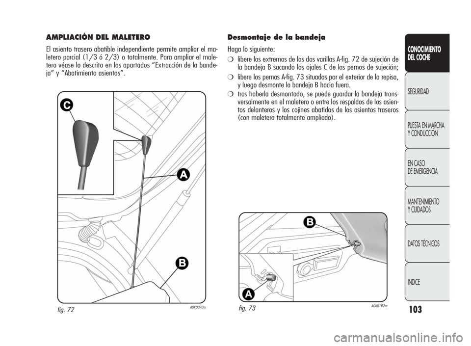 Alfa Romeo Giulietta 2010  Manual de Empleo y Cuidado (in Spanish) 103
CONOCIMIENTO
DEL COCHE
SEGURIDAD
PUESTA EN MARCHA
Y CONDUCCIÓN
EN CASO
DE EMERGENCIA
MANTENIMIENTO
Y CUIDADOS
DATOS TÉCNICOS
INDICE
fig. 72A0K0070m
AMPLIACIÓN DEL MALETERO
El asiento trasero ab