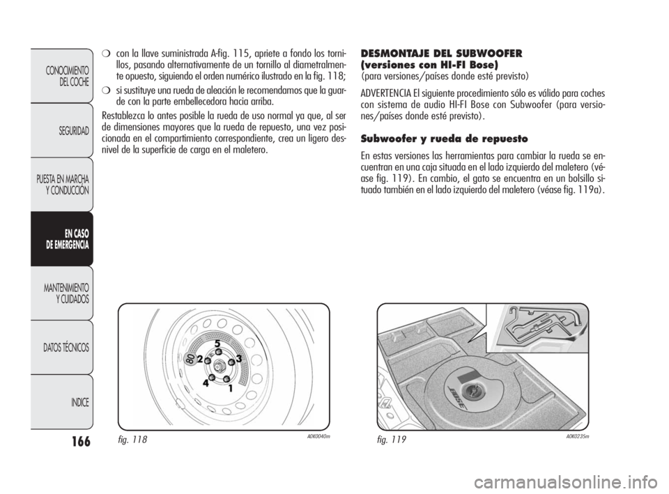 Alfa Romeo Giulietta 2010 Manual de Empleo y Cuidado (in Spanish) 166
CONOCIMIENTO
DEL COCHE
SEGURIDAD
PUESTA EN MARCHA
Y CONDUCCIÓN
EN CASO
DE EMERGENCIA
MANTENIMIENTO
Y CUIDADOS
DATOS TÉCNICOS
INDICE
fig. 118A0K0040mfig. 119A0K0235m
❍con la llave suministra Alfa Romeo Giulietta 2010 Manual de Empleo y Cuidado (in Spanish) 166
CONOCIMIENTO
DEL COCHE
SEGURIDAD
PUESTA EN MARCHA
Y CONDUCCIÓN
EN CASO
DE EMERGENCIA
MANTENIMIENTO
Y CUIDADOS
DATOS TÉCNICOS
INDICE
fig. 118A0K0040mfig. 119A0K0235m
❍con la llave suministra