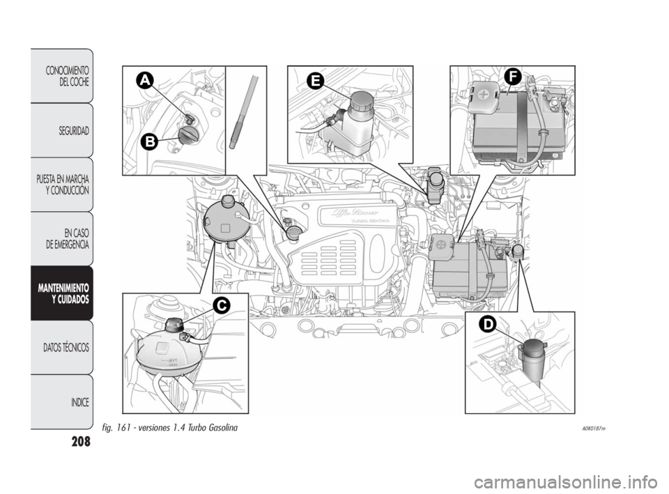 Alfa Romeo Giulietta 2010  Manual de Empleo y Cuidado (in Spanish) 208
CONOCIMIENTO 
DEL COCHE
SEGURIDAD
PUESTA EN MARCHA 
Y CONDUCCIÓN
EN CASO 
DE EMERGENCIA
MANTENIMIENTO 
Y CUIDADOS
DATOS TÉCNICOS
INDICE
A0K0187mfig. 161 - versiones 1.4 Turbo Gasolina
199-224 Al