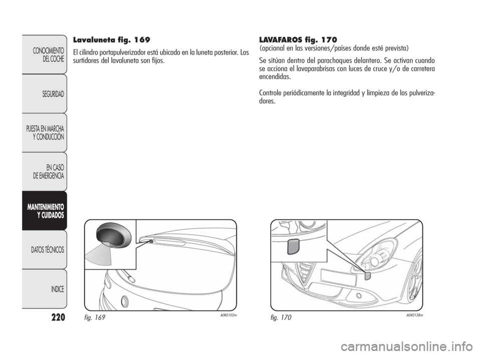 Alfa Romeo Giulietta 2010  Manual de Empleo y Cuidado (in Spanish) 220
CONOCIMIENTO 
DEL COCHE
SEGURIDAD
PUESTA EN MARCHA 
Y CONDUCCIÓN
EN CASO 
DE EMERGENCIA
MANTENIMIENTO 
Y CUIDADOS
DATOS TÉCNICOS
INDICE
Lavaluneta fig. 169
El cilindro portapulverizador está ub
