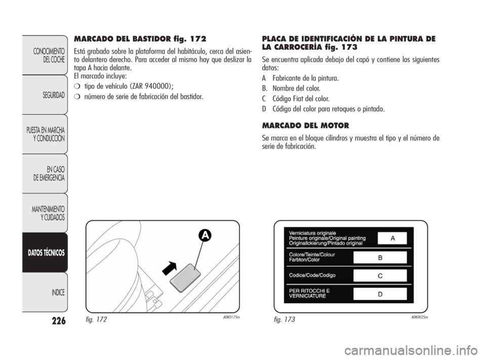 Alfa Romeo Giulietta 2010  Manual de Empleo y Cuidado (in Spanish) 226
CONOCIMIENTO 
DEL COCHE
SEGURIDAD
PUESTA EN MARCHA 
Y CONDUCCIÓN
EN CASO 
DE EMERGENCIA
MANTENIMIENTO 
Y CUIDADOS
DATOS TÉCNICOS
INDICE
MARCADO DEL BASTIDOR fig. 172
Está grabado sobre la plata