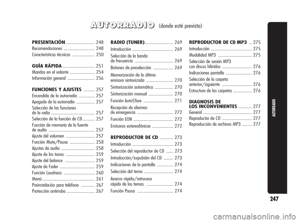 Alfa Romeo Giulietta 2010  Manual de Empleo y Cuidado (in Spanish) 247
AUTORRADIO
A A
U U
T T
O O
R R
R R
A A
D D
I I
O O
   (donde esté prevista)
RADIO (TUNER).......................269
Introducción .................................269
Selección de la banda 
de f