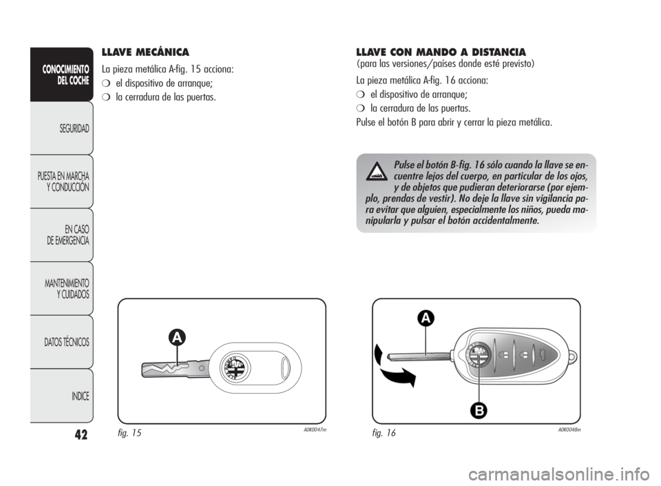 Alfa Romeo Giulietta 2010  Manual de Empleo y Cuidado (in Spanish) 42
CONOCIMIENTO
DEL COCHE
SEGURIDAD
PUESTA EN MARCHA
Y CONDUCCIÓN
EN CASO
DE EMERGENCIA
MANTENIMIENTO
Y CUIDADOS
DATOS TÉCNICOS
INDICE
LLAVE MECÁNICA
La pieza metálica A-fig. 15 acciona:
❍el dis