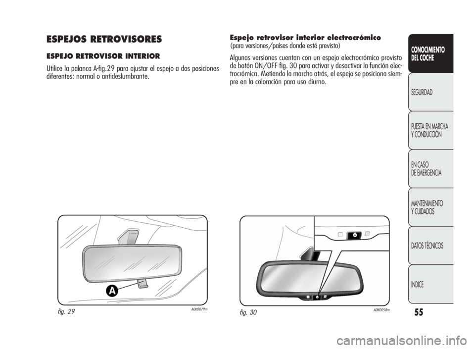 Alfa Romeo Giulietta 2010  Manual de Empleo y Cuidado (in Spanish) 55
CONOCIMIENTO
DEL COCHE
SEGURIDAD
PUESTA EN MARCHA
Y CONDUCCIÓN
EN CASO
DE EMERGENCIA
MANTENIMIENTO
Y CUIDADOS
DATOS TÉCNICOS
INDICE
fig. 29A0K0079m
ESPEJOS RETROVISORES
ESPEJO RETROVISOR INTERIOR
