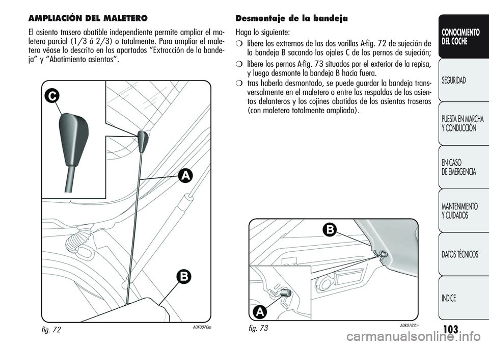 Alfa Romeo Giulietta 2011  Manual de Empleo y Cuidado (in Spanish) 103
CONOCIMIENTO
DEL COCHE
SEGURIDAD
PUESTA EN MARCHA 
Y CONDUCCIÓN
EN CASO 
DE EMERGENCIA
MANTENIMIENTO
Y CUIDADOS
DATOS TÉCNICOS
INDICE
fig. 72A0K0070m
AMPLIACIÓN DEL MALETERO
El asiento trasero 