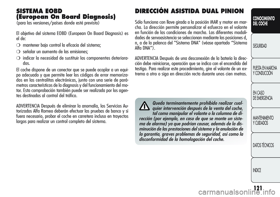 Alfa Romeo Giulietta 2011 Manual de Empleo y Cuidado (in Spanish) 121
CONOCIMIENTO
DEL COCHE
SEGURIDAD
PUESTA EN MARCHA
Y CONDUCCIÓN
EN CASO
DE EMERGENCIA
MANTENIMIENTO
Y CUIDADOS
DATOS TÉCNICOS
INDICE
SISTEMA EOBD
(European On Board Diagnosis)
(para las version Alfa Romeo Giulietta 2011 Manual de Empleo y Cuidado (in Spanish) 121
CONOCIMIENTO
DEL COCHE
SEGURIDAD
PUESTA EN MARCHA
Y CONDUCCIÓN
EN CASO
DE EMERGENCIA
MANTENIMIENTO
Y CUIDADOS
DATOS TÉCNICOS
INDICE
SISTEMA EOBD
(European On Board Diagnosis)
(para las version