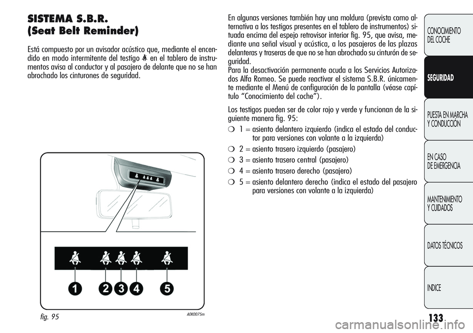Alfa Romeo Giulietta 2011 Manual de Empleo y Cuidado (in Spanish) 133
CONOCIMIENTO
DEL COCHE
SEGURIDAD
PUESTA EN MARCHA
Y CONDUCCIÓN
EN CASO
DE EMERGENCIA
MANTENIMIENTO
Y CUIDADOS
DATOS TÉCNICOS
INDICE
SISTEMA S.B.R.
(Seat Belt Reminder)
Está compuesto por un a Alfa Romeo Giulietta 2011 Manual de Empleo y Cuidado (in Spanish) 133
CONOCIMIENTO
DEL COCHE
SEGURIDAD
PUESTA EN MARCHA
Y CONDUCCIÓN
EN CASO
DE EMERGENCIA
MANTENIMIENTO
Y CUIDADOS
DATOS TÉCNICOS
INDICE
SISTEMA S.B.R.
(Seat Belt Reminder)
Está compuesto por un a