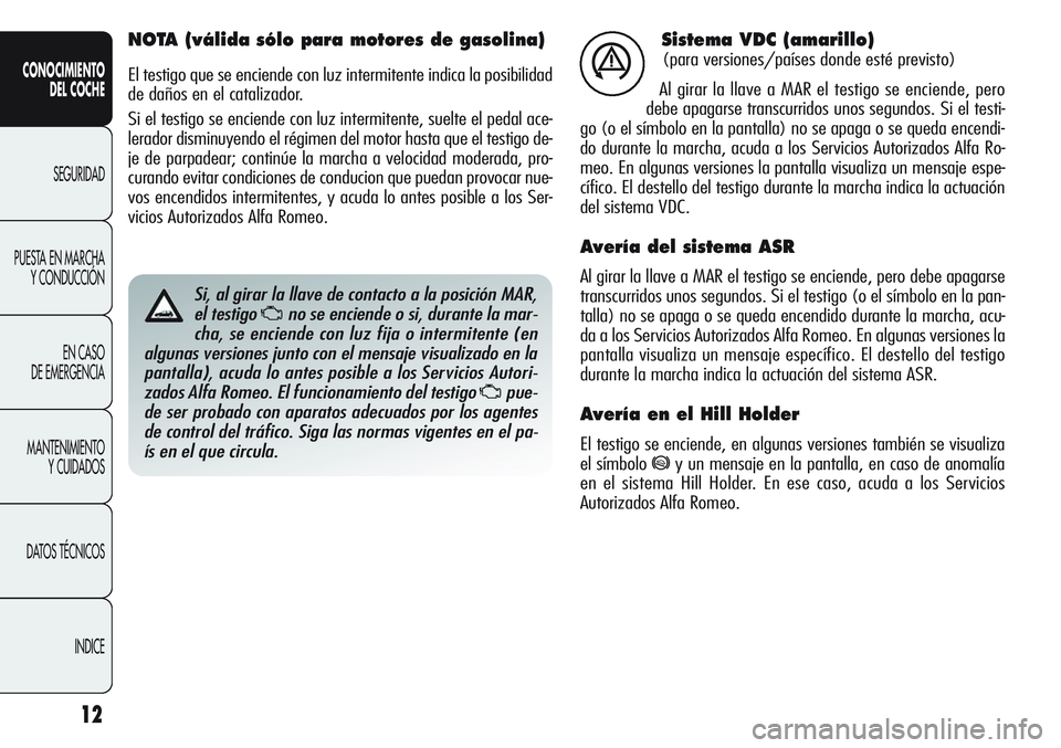 Alfa Romeo Giulietta 2011 Manual de Empleo y Cuidado (in Spanish) 12
CONOCIMIENTO
DEL COCHE
SEGURIDAD
PUESTA EN MARCHA
Y CONDUCCIÓN
EN CASO
DE EMERGENCIA
MANTENIMIENTO
Y CUIDADOS
DATOS TÉCNICOS
INDICE
Sistema VDC (amarillo)
(para versiones/países donde esté pr Alfa Romeo Giulietta 2011 Manual de Empleo y Cuidado (in Spanish) 12
CONOCIMIENTO
DEL COCHE
SEGURIDAD
PUESTA EN MARCHA
Y CONDUCCIÓN
EN CASO
DE EMERGENCIA
MANTENIMIENTO
Y CUIDADOS
DATOS TÉCNICOS
INDICE
Sistema VDC (amarillo)
(para versiones/países donde esté pr