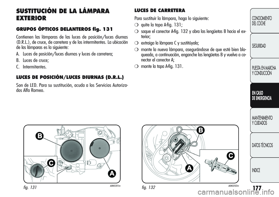 Alfa Romeo Giulietta 2011 Manual de Empleo y Cuidado (in Spanish) 177
CONOCIMIENTO
DEL COCHE
SEGURIDAD
PUESTA EN MARCHA
Y CONDUCCIÓN
EN CASO
DE EMERGENCIA
MANTENIMIENTO
Y CUIDADOS
DATOS TÉCNICOS
INDICE
SUSTITUCIÓN DE LA LÁMPARA
EXTERIOR
GRUPOS ÓPTICOS DELANTE Alfa Romeo Giulietta 2011 Manual de Empleo y Cuidado (in Spanish) 177
CONOCIMIENTO
DEL COCHE
SEGURIDAD
PUESTA EN MARCHA
Y CONDUCCIÓN
EN CASO
DE EMERGENCIA
MANTENIMIENTO
Y CUIDADOS
DATOS TÉCNICOS
INDICE
SUSTITUCIÓN DE LA LÁMPARA
EXTERIOR
GRUPOS ÓPTICOS DELANTE