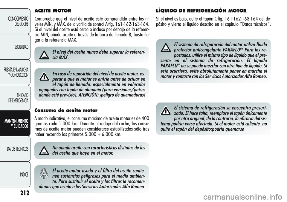 Alfa Romeo Giulietta 2011 Manual de Empleo y Cuidado (in Spanish) ACEITE MOTOR
Compruebe que el nivel de aceite esté comprendido entre los ni-
veles MÍN. y MÁX. de la varilla de control A-fig. 161-162-163-164.
Si el nivel del aceite está cerca o incluso por deb Alfa Romeo Giulietta 2011 Manual de Empleo y Cuidado (in Spanish) ACEITE MOTOR
Compruebe que el nivel de aceite esté comprendido entre los ni-
veles MÍN. y MÁX. de la varilla de control A-fig. 161-162-163-164.
Si el nivel del aceite está cerca o incluso por deb