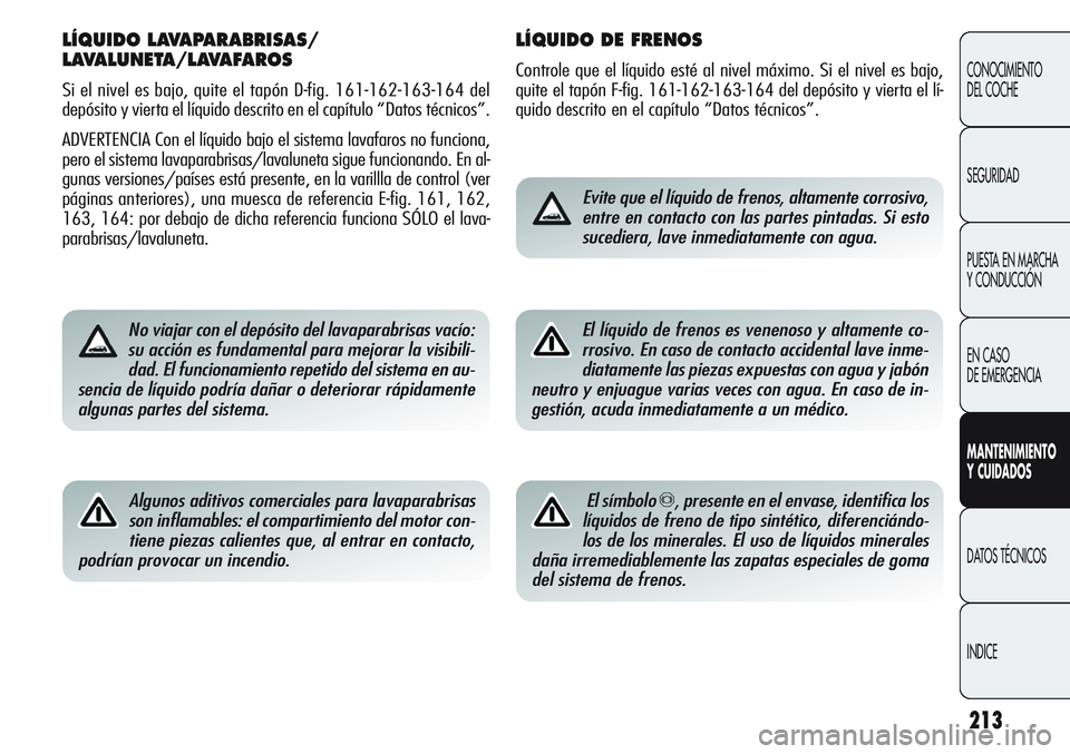 Alfa Romeo Giulietta 2011 Manual de Empleo y Cuidado (in Spanish) 213
CONOCIMIENTO
DEL COCHE
SEGURIDAD
PUESTA EN MARCHA
Y CONDUCCIÓN
EN CASO
DE EMERGENCIA
MANTENIMIENTO
Y CUIDADOS
DATOS TÉCNICOS
INDICE
LÍQUIDO DE FRENOS
Controle que el líquido esté al nivel m Alfa Romeo Giulietta 2011 Manual de Empleo y Cuidado (in Spanish) 213
CONOCIMIENTO
DEL COCHE
SEGURIDAD
PUESTA EN MARCHA
Y CONDUCCIÓN
EN CASO
DE EMERGENCIA
MANTENIMIENTO
Y CUIDADOS
DATOS TÉCNICOS
INDICE
LÍQUIDO DE FRENOS
Controle que el líquido esté al nivel m