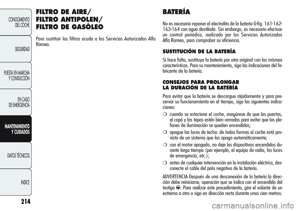 Alfa Romeo Giulietta 2011 Manual de Empleo y Cuidado (in Spanish) 214
CONOCIMIENTO
DEL COCHE
SEGURIDAD
PUESTA EN MARCHA
Y CONDUCCIÓN
EN CASO
DE EMERGENCIA
MANTENIMIENTO
Y CUIDADOS
DATOS TÉCNICOS
INDICE
BATERÍA
No es necesario reponer el electrolito de la bater Alfa Romeo Giulietta 2011 Manual de Empleo y Cuidado (in Spanish) 214
CONOCIMIENTO
DEL COCHE
SEGURIDAD
PUESTA EN MARCHA
Y CONDUCCIÓN
EN CASO
DE EMERGENCIA
MANTENIMIENTO
Y CUIDADOS
DATOS TÉCNICOS
INDICE
BATERÍA
No es necesario reponer el electrolito de la bater