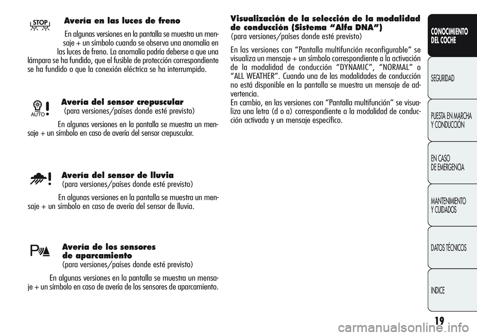 Alfa Romeo Giulietta 2011 Manual de Empleo y Cuidado (in Spanish) 19
CONOCIMIENTO
DEL COCHE
SEGURIDAD
PUESTA EN MARCHA
Y CONDUCCIÓN
EN CASO
DE EMERGENCIA
MANTENIMIENTO
Y CUIDADOS
DATOS TÉCNICOS
INDICE
Avería del sensor crepuscular
(para versiones/países donde Alfa Romeo Giulietta 2011 Manual de Empleo y Cuidado (in Spanish) 19
CONOCIMIENTO
DEL COCHE
SEGURIDAD
PUESTA EN MARCHA
Y CONDUCCIÓN
EN CASO
DE EMERGENCIA
MANTENIMIENTO
Y CUIDADOS
DATOS TÉCNICOS
INDICE
Avería del sensor crepuscular
(para versiones/países donde