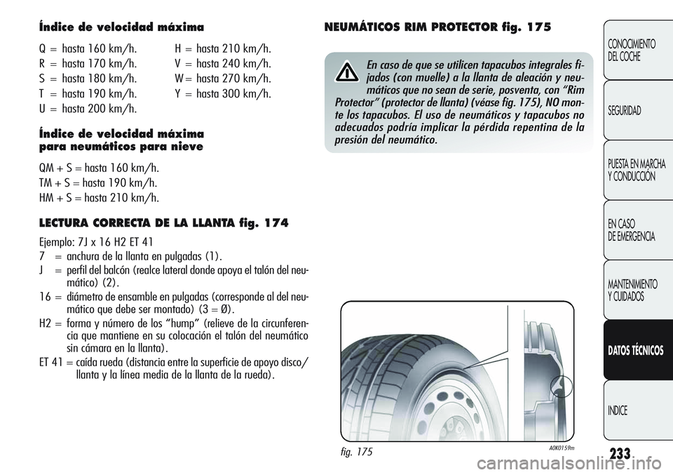 Alfa Romeo Giulietta 2011 Manual de Empleo y Cuidado (in Spanish) 233
CONOCIMIENTO
DEL COCHE
SEGURIDAD
PUESTA EN MARCHA
Y CONDUCCIÓN
EN CASO
DE EMERGENCIA
MANTENIMIENTO
Y CUIDADOS
DATOS TÉCNICOS
INDICE
Índice de velocidad máxima
Q = hasta 160 km/h. H = hasta 2 Alfa Romeo Giulietta 2011 Manual de Empleo y Cuidado (in Spanish) 233
CONOCIMIENTO
DEL COCHE
SEGURIDAD
PUESTA EN MARCHA
Y CONDUCCIÓN
EN CASO
DE EMERGENCIA
MANTENIMIENTO
Y CUIDADOS
DATOS TÉCNICOS
INDICE
Índice de velocidad máxima
Q = hasta 160 km/h. H = hasta 2