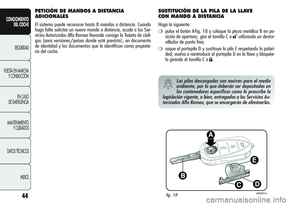 Alfa Romeo Giulietta 2011 Manual de Empleo y Cuidado (in Spanish) 44
CONOCIMIENTO
DEL COCHE
SEGURIDAD
PUESTA EN MARCHA
Y CONDUCCIÓN
EN CASO
DE EMERGENCIA
MANTENIMIENTO
Y CUIDADOS
DATOS TÉCNICOS
INDICE
PETICIÓN DE MANDOS A DISTANCIA
ADICIONALES
El sistema puede r Alfa Romeo Giulietta 2011 Manual de Empleo y Cuidado (in Spanish) 44
CONOCIMIENTO
DEL COCHE
SEGURIDAD
PUESTA EN MARCHA
Y CONDUCCIÓN
EN CASO
DE EMERGENCIA
MANTENIMIENTO
Y CUIDADOS
DATOS TÉCNICOS
INDICE
PETICIÓN DE MANDOS A DISTANCIA
ADICIONALES
El sistema puede r