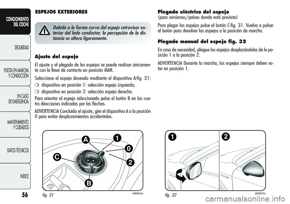Alfa Romeo Giulietta 2011 Manual de Empleo y Cuidado (in Spanish) 56
CONOCIMIENTO
DEL COCHE
SEGURIDAD
PUESTA EN MARCHA
Y CONDUCCIÓN
EN CASO
DE EMERGENCIA
MANTENIMIENTO
Y CUIDADOS
DATOS TÉCNICOS
INDICE
Plegado eléctrico del espejo
(para versiones/países donde es Alfa Romeo Giulietta 2011 Manual de Empleo y Cuidado (in Spanish) 56
CONOCIMIENTO
DEL COCHE
SEGURIDAD
PUESTA EN MARCHA
Y CONDUCCIÓN
EN CASO
DE EMERGENCIA
MANTENIMIENTO
Y CUIDADOS
DATOS TÉCNICOS
INDICE
Plegado eléctrico del espejo
(para versiones/países donde es