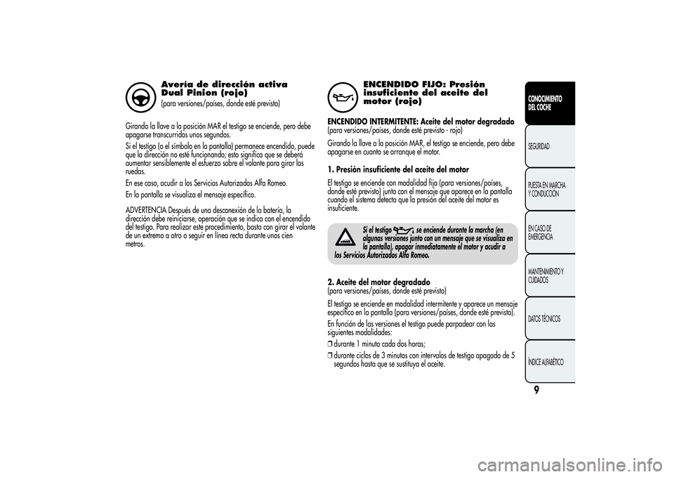 Alfa Romeo Giulietta 2013 Manual de Empleo y Cuidado (in Spanish) Avería de dirección activa
Dual Pinion (rojo)(para versiones/países, donde esté previsto)
Girando la llave a la posición MAR el testigo se enciende, pero debe
apagarse transcurridos unos segundos Alfa Romeo Giulietta 2013 Manual de Empleo y Cuidado (in Spanish) Avería de dirección activa
Dual Pinion (rojo)(para versiones/países, donde esté previsto)
Girando la llave a la posición MAR el testigo se enciende, pero debe
apagarse transcurridos unos segundos