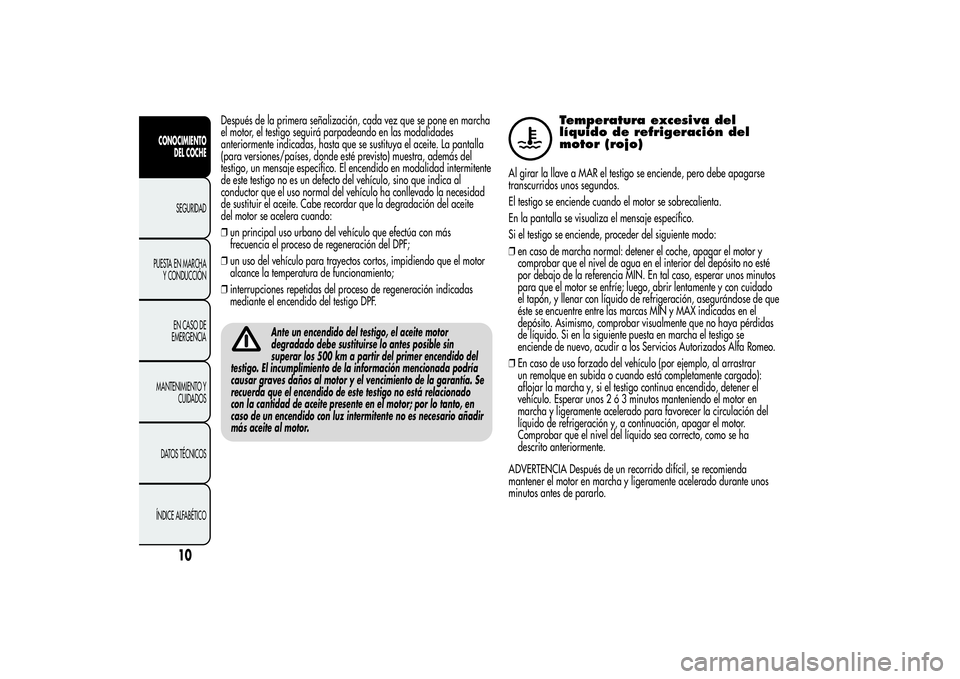 Alfa Romeo Giulietta 2013 Manual de Empleo y Cuidado (in Spanish) Después de la primera señalización, cada vez que se pone en marcha
el motor, el testigo seguirá parpadeando en las modalidades
anteriormente indicadas, hasta que se sustituya el aceite. La pantall Alfa Romeo Giulietta 2013 Manual de Empleo y Cuidado (in Spanish) Después de la primera señalización, cada vez que se pone en marcha
el motor, el testigo seguirá parpadeando en las modalidades
anteriormente indicadas, hasta que se sustituya el aceite. La pantall
