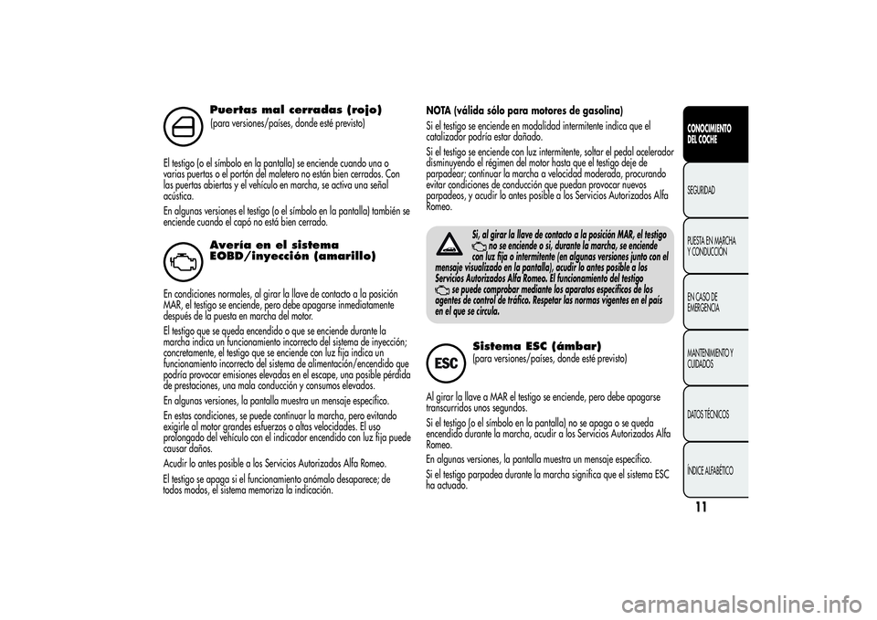 Alfa Romeo Giulietta 2013 Manual de Empleo y Cuidado (in Spanish) Puertas mal cerradas (rojo)(para versiones/países, donde esté previsto)
El testigo (o el símbolo en la pantalla) se enciende cuando una o
varias puertas o el portón del maletero no están bien cer Alfa Romeo Giulietta 2013 Manual de Empleo y Cuidado (in Spanish) Puertas mal cerradas (rojo)(para versiones/países, donde esté previsto)
El testigo (o el símbolo en la pantalla) se enciende cuando una o
varias puertas o el portón del maletero no están bien cer