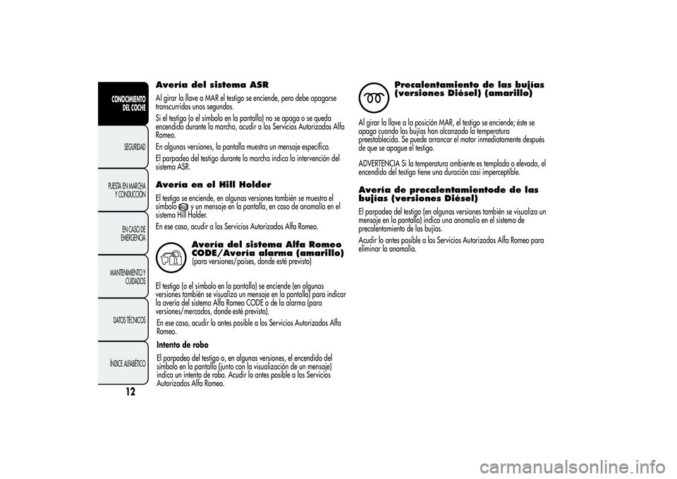 Alfa Romeo Giulietta 2013 Manual de Empleo y Cuidado (in Spanish) Avería del sistema ASRAl girar la llave a MAR el testigo se enciende, pero debe apagarse
transcurridos unos segundos.
Si el testigo (o el símbolo en la pantalla) no se apaga o se queda
encendido dur Alfa Romeo Giulietta 2013 Manual de Empleo y Cuidado (in Spanish) Avería del sistema ASRAl girar la llave a MAR el testigo se enciende, pero debe apagarse
transcurridos unos segundos.
Si el testigo (o el símbolo en la pantalla) no se apaga o se queda
encendido dur