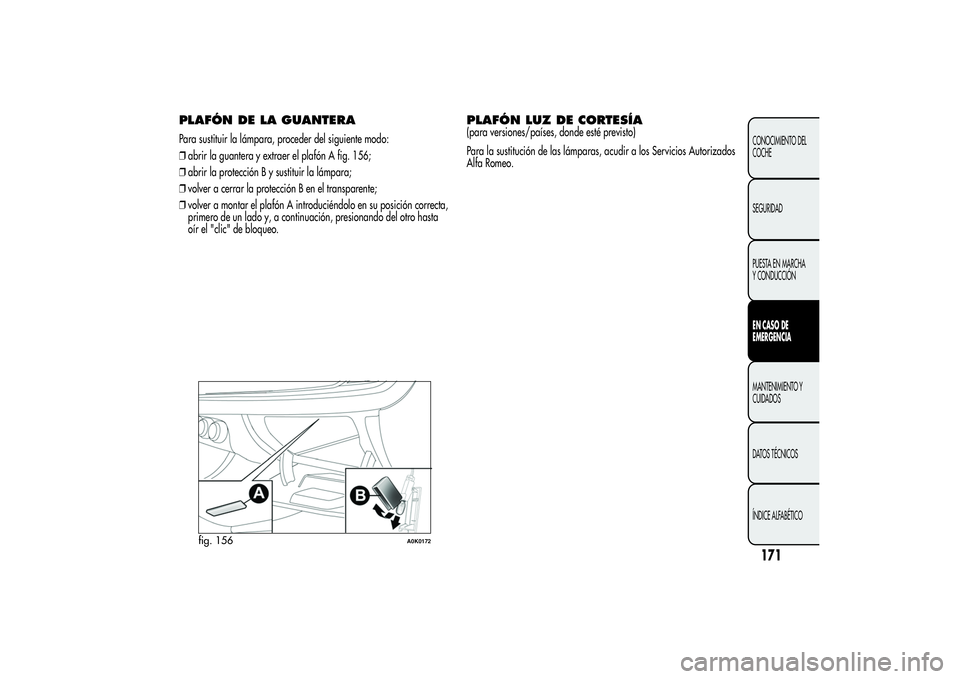 Alfa Romeo Giulietta 2013  Manual de Empleo y Cuidado (in Spanish) PLAFÓN DE LA GUANTERAPara sustituir la lámpara, proceder del siguiente modo:
❒abrir la guantera y extraer el plafón A fig. 156;
❒abrir la protección B y sustituir la lámpara;
❒volver a cerr