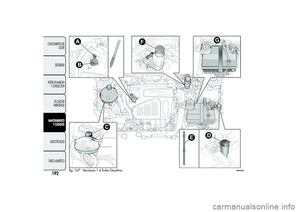 Alfa Romeo Giulietta 2013  Manual de Empleo y Cuidado (in Spanish) fig. 167 - Versiones 1.4 Turbo Gasolina
A0K0335
192
CONOCIMIENTO DEL
COCHE
SEGURIDAD
PUESTA EN MARCHA
Y CONDUCCIÓN
EN CASO DE
EMERGENCIAMANTENIMIENTO
Y CUIDADOSDATOS TÉCNICOS
ÍNDICE ALFABÉTICO 