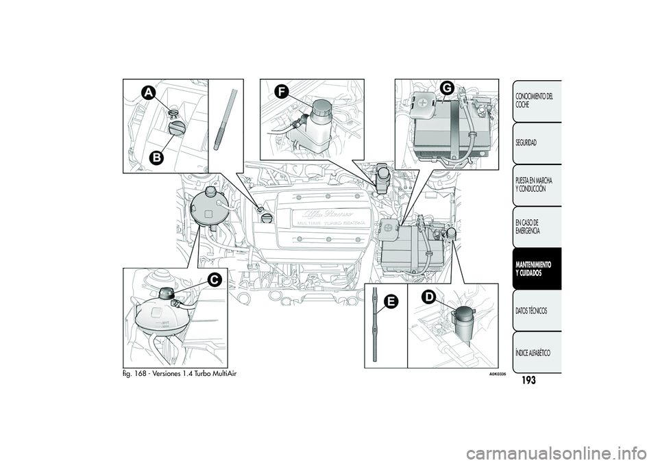 Alfa Romeo Giulietta 2013  Manual de Empleo y Cuidado (in Spanish) fig. 168 - Versiones 1.4 Turbo MultiAir
A0K0336
193CONOCIMIENTO DEL
COCHE
SEGURIDAD
PUESTA EN MARCHA
Y CONDUCCIÓN
EN CASO DE
EMERGENCIAMANTENIMIENTO
Y CUIDADOSDATOS TÉCNICOS
ÍNDICE ALFABÉTICO 