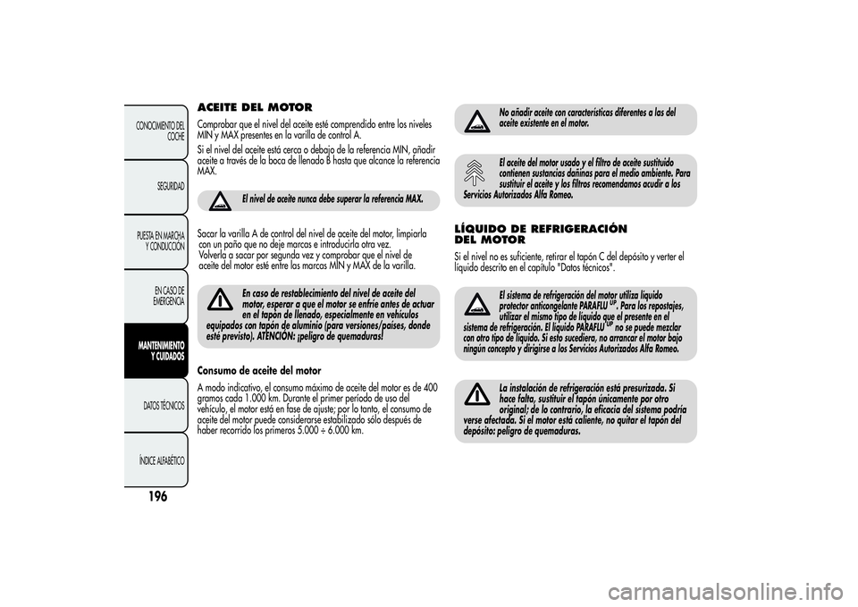 Alfa Romeo Giulietta 2013  Manual de Empleo y Cuidado (in Spanish) ACEITE DEL MOTORComprobar que el nivel del aceite esté comprendido entre los niveles
MIN y MAX presentes en la varilla de control A.
Si el nivel del aceite está cerca o debajo de la referencia MIN, 