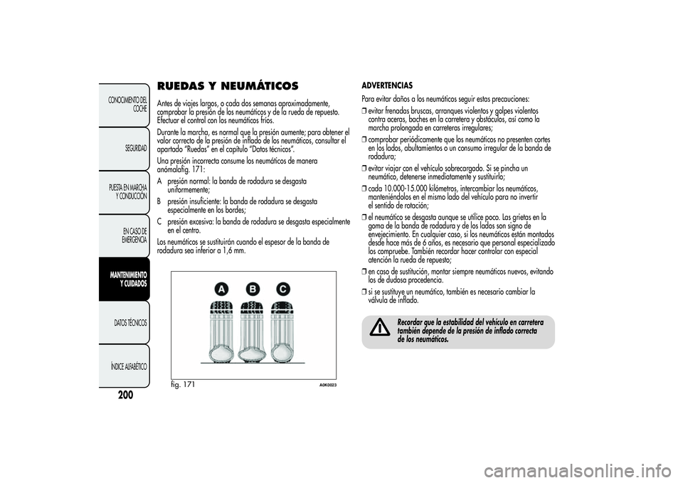 Alfa Romeo Giulietta 2013 Manual de Empleo y Cuidado (in Spanish) RUEDAS Y NEUMÁTICOSAntes de viajes largos, o cada dos semanas aproximadamente,
comprobar la presión de los neumáticos y de la rueda de repuesto.
Efectuar el control con los neumáticos fríos.
Dura Alfa Romeo Giulietta 2013 Manual de Empleo y Cuidado (in Spanish) RUEDAS Y NEUMÁTICOSAntes de viajes largos, o cada dos semanas aproximadamente,
comprobar la presión de los neumáticos y de la rueda de repuesto.
Efectuar el control con los neumáticos fríos.
Dura