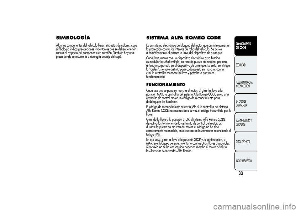 Alfa Romeo Giulietta 2013 Manual de Empleo y Cuidado (in Spanish) SIMBOLOGÍAAlgunos componentes del vehículo llevan etiquetas de colores, cuya
simbología indica precauciones importantes que se deben tener en
cuenta al respecto del componente en cuestión. Tambié Alfa Romeo Giulietta 2013 Manual de Empleo y Cuidado (in Spanish) SIMBOLOGÍAAlgunos componentes del vehículo llevan etiquetas de colores, cuya
simbología indica precauciones importantes que se deben tener en
cuenta al respecto del componente en cuestión. Tambié