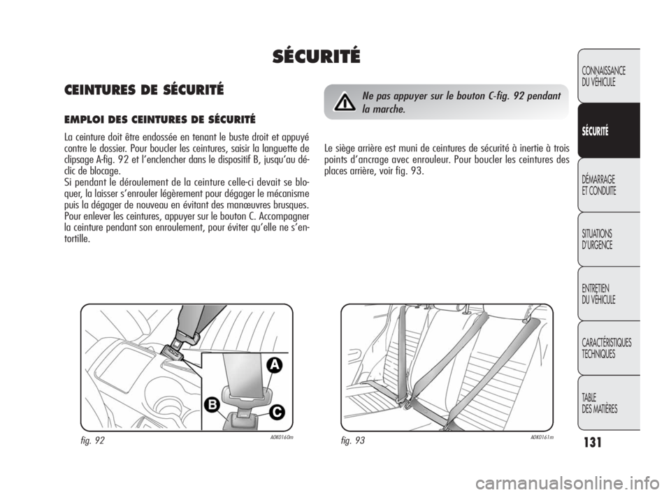 Alfa Romeo Giulietta 2010  Notice dentretien (in French) 131
CONNAISSANCE 
DU VÉHICULE
SÉCURITÉ
DÉMARRAGE 
ET CONDUITE
SITUATIONS 
D’URGENCE
ENTRETIEN 
DU VÉHICULE
CARACTÉRISTIQUES 
TECHNIQUES
TABLE
DES MATIÈRES
fig. 93A0K0161mfig. 92A0K0160m
Ne pa
